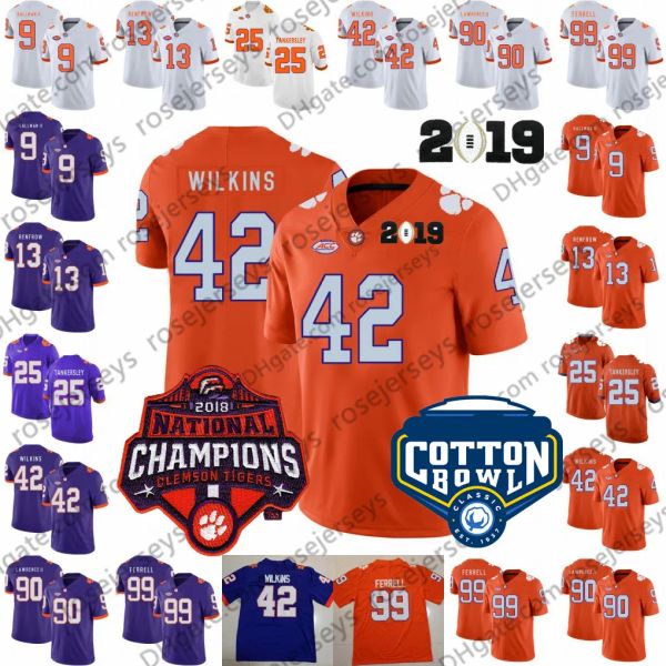 Clemson 2019 Tigers #13 Hunter Renfrow 42 Christian 90 Dexter Lawrence II 99 Clelin Ferrell Lila Weiß Orange Champions Trikot Hoch