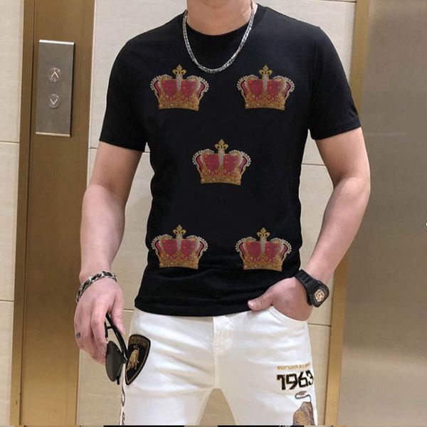 Camiseta masculina Crown Crown Luxury Diamond Design de manga curta Camisas de pescoço redondo machos Moda de verão roupas de festa S-4xl