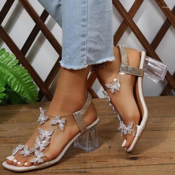 Scarpe eleganti Sandali da donna Moda estiva Farfalla lucida Fiori Radice trasparente Punta aperta