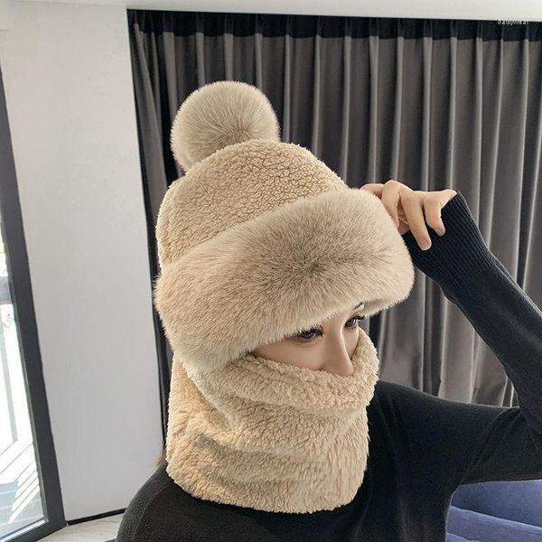 Berets Knitting Woolen Pulloves Hat Winter Women Ear Protection Windproof Cap Plüsch Warm Thicken Caps Outdoor Cycling Neck Guard Scarf