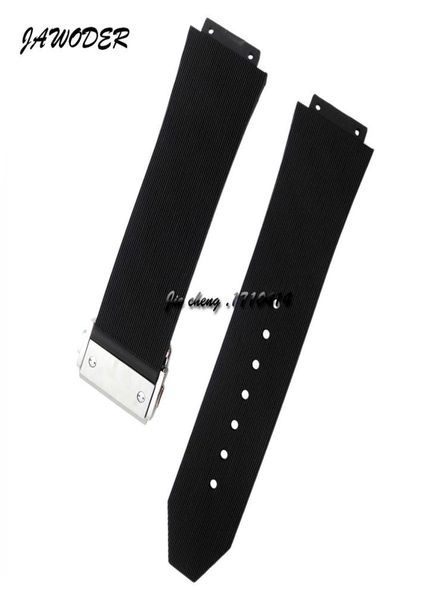 Jawoder pulseiras de relógio 28mm x 19mm masculino aço inoxidável prata implantação fecho preto mergulho silicone borracha acessórios para hub2880596