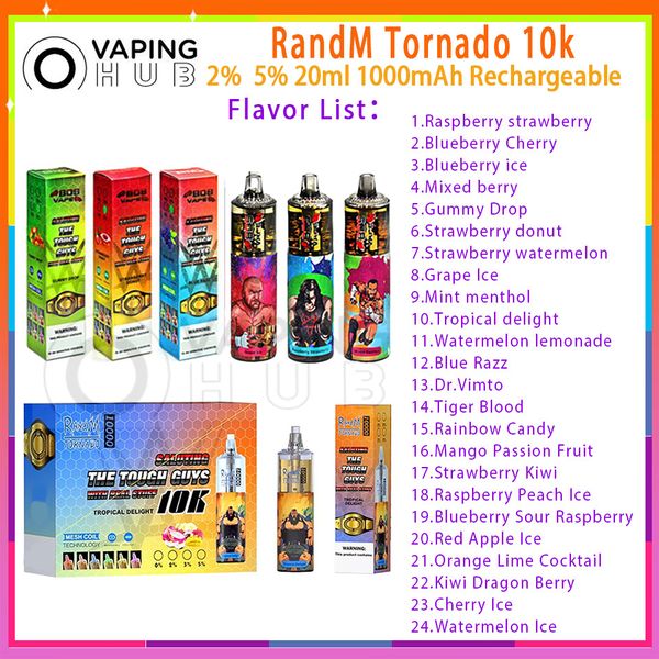 Randm Randm Tornado 10000 Puff Disponível Vape Pen 20ml Preenchido preenchido 1000mAh Mesh de malha de bateria recarregável 2% 5% Pushs 10k 24Falovor e cigarro e cigarro e