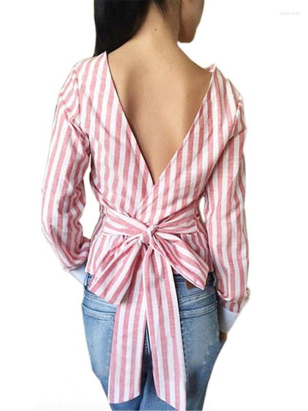 Camicette da donna Camicia Femme Donna Donna Kawaii Backless 2023 FashionSexy Abiti estivi A righe Aperto Indietro V profonda Top a maniche lunghe LX008