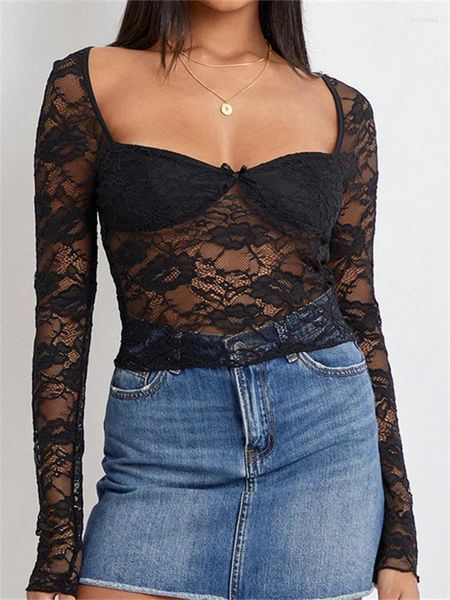 Kadın bluzları Kadın Dantel Bluz Uzun Kollu Kare Boyun See-Through Kırpılmış Korse Üstler İlkbahar Yaz Seksi Vintage Chic Shirt Clubwear