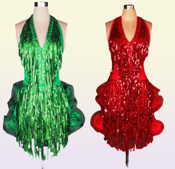 Vestido de dança latina verde traje profissional para mulheres franja samba traje colorido feminino vestidos de competição de salão borlas 89117979