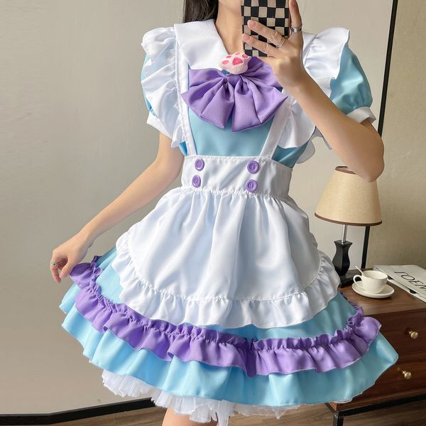 Abiti casual Abito Anime Cosplay Abito da cameriera Rosa Blu Con finiture in pizzo Grembiule Abiti Uniforme Simpatico gatto Cameriera Costumi Abiti