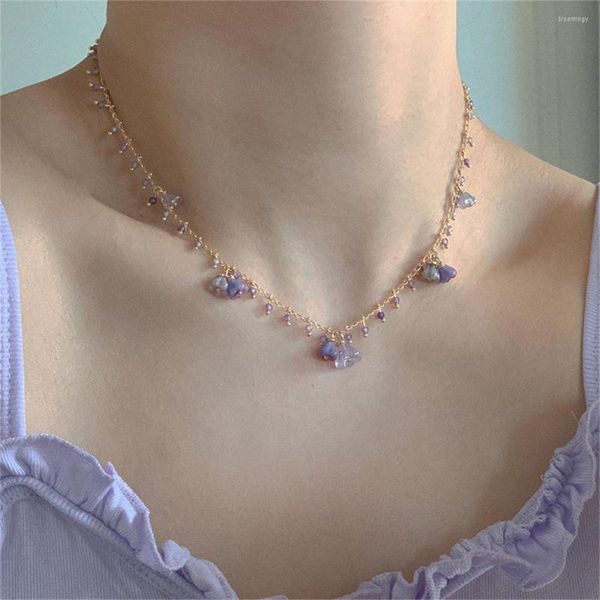 Anhänger Halsketten Lila Kristall Blume Halskette Frauen Tschechische Perlen Armband Handgemachte Vintage Verträumte Geometrische Schmuck Gif