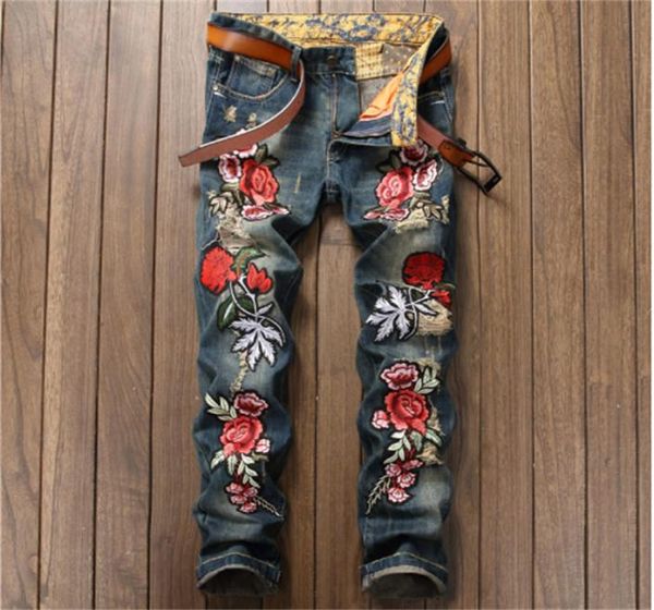 Bordado Floral Tigre Pássaro Impressão Design Mens Jeans Rasgado Slim Denim Lápis Calças Hommes Azul Reto Biker Jean Calças Longas 9900016