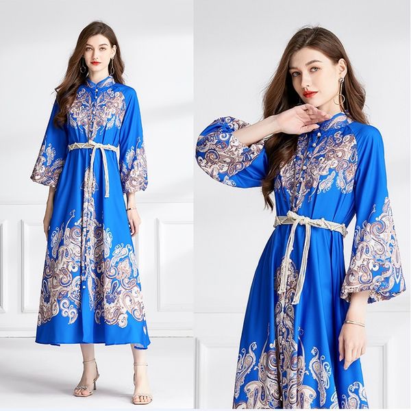 Retro Floral Blau Party Maxi Kleid Frau Designer Robe Langarm Stehkragen Hohe Taille Urlaub Taillierte Kleider 2023 frühling Herbst Elegante Lace Up Runway Kleider