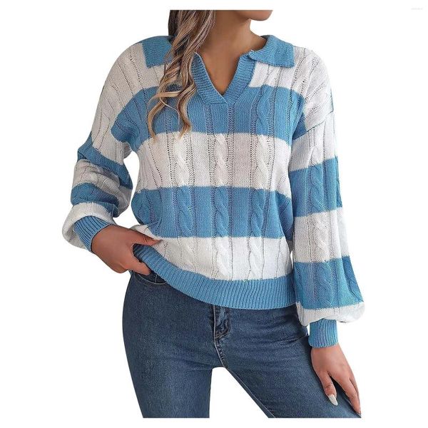 Kadın Sweaters Sweater v Boyun Uzun Kol Üst Sonbahar ve Kış Sıcak Gevşek Örgü Külkü Kontrastı Renk Jumper Ropa De Mujer