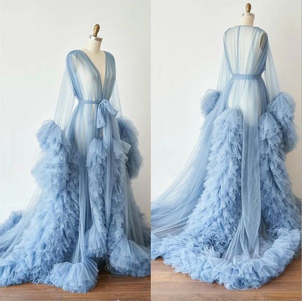 Lüks Ruffles Gece Robe Gelin Uzun Kollu Sktarwear Sky Mavisi Partisi Nightgowns Coberts Özel Yapımı