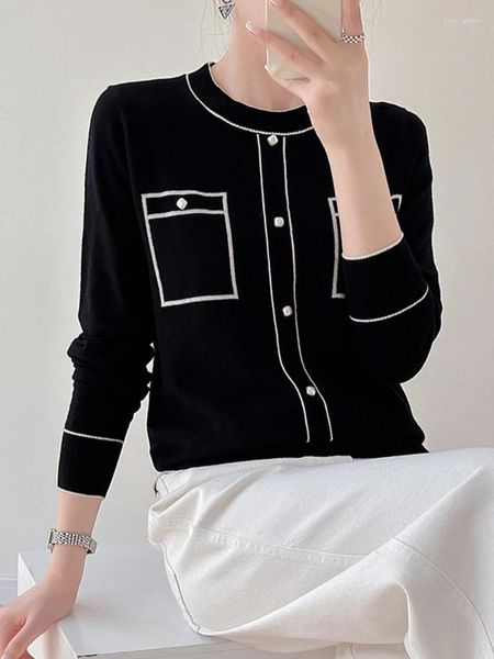 Cardigan de malha feminina camisola 2023 outono com bolso manga longa malhas pulôver em torno do pescoço superior pérola premium moda coreana