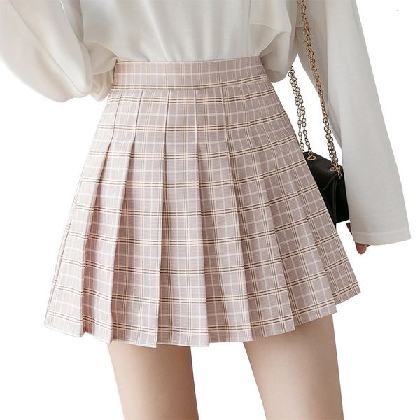 Юбки летняя женская юбка розовая клетка высокая талия плиссированная юбка на молнии