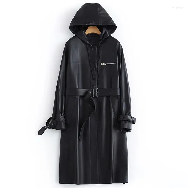 Couro feminino outono preto longo trench coat para mulher com capuz manga cinto primavera impermeável plutônio capa de chuva