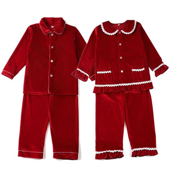 Inverno boutique veludo tecido vermelho crianças roupas pjs com renda criança meninos conjunto pijama menina bebê sleepwear 210908327r