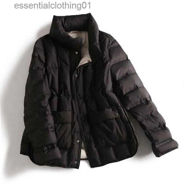 Parkas femininas jaqueta leve para baixo feminina curto chique outono e inverno novo adesivo sem costura duplo bolso gola single-breasted du l231129