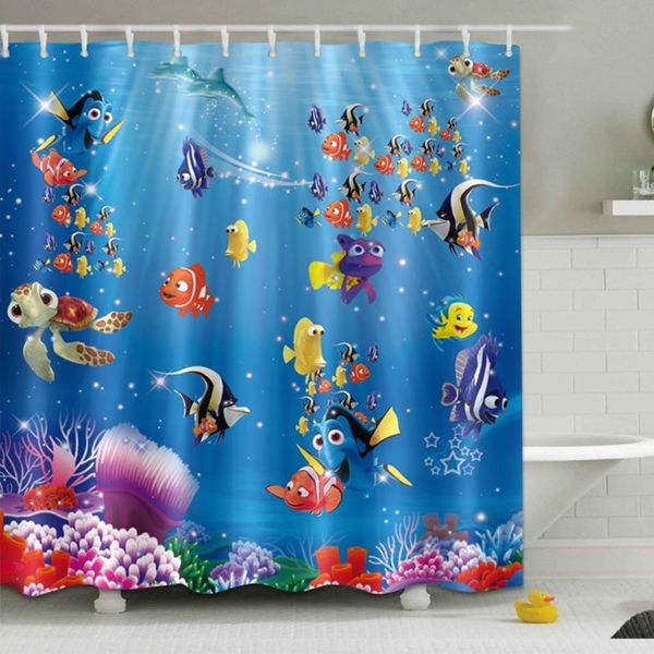 Cortinas engraçado dos desenhos animados submarino peixe cortina de chuveiro oceano e mar banheiro à prova dwaterproof água extra longo tecido poliéster para crianças banheira decoração