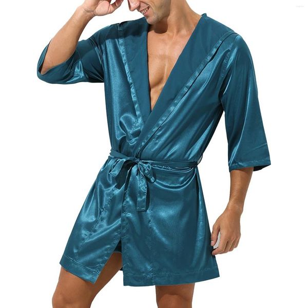 Homens sleepwear sexy mens cor sólida conjunto meia manga com capuz aberto frente cinto roupão com shorts para dormir nightwear loungewear