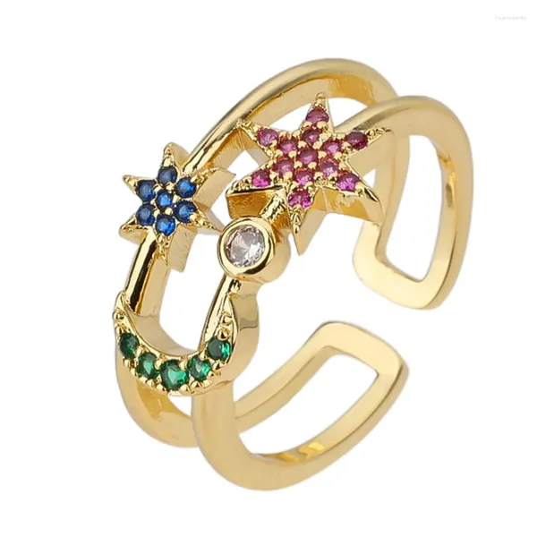Anéis de cluster minúsculo ponto cúbico zircônia anel aberto lua micro pave zircon oco ajustável para mulheres círculo cz abertura jóias anillo