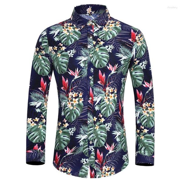 Camisas casuais masculinas havaianas outono e inverno moda flor numerosos elementos tema manga comprida harajuku streetwear roupas