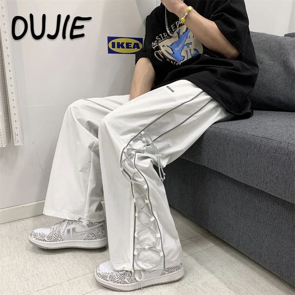 Calças masculinas streetwear branco calças de carga homens y2k harajuku oversize sweatpants moda hip hop lado listra larga perna jogger calças 231129