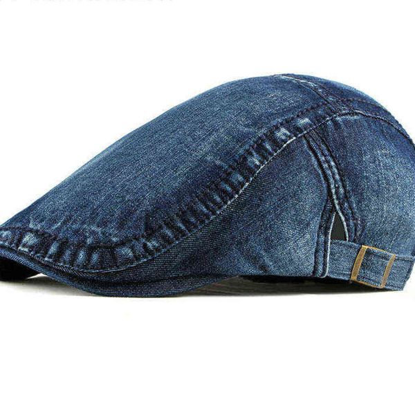 Berets Wuaumx Simples Lavado Denim Boinas Chapéu Homens Mulheres Primavera Verão Peaked Flat Cap Artista Pato Boca Chapéu Aleatório Fishbone Jornal Meninos Chapéu J220722