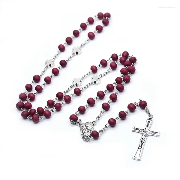 Collane con ciondolo QIGO Perline di legno rosso Collana con rosario croce per donne Uomini Gioielli di preghiera religiosa
