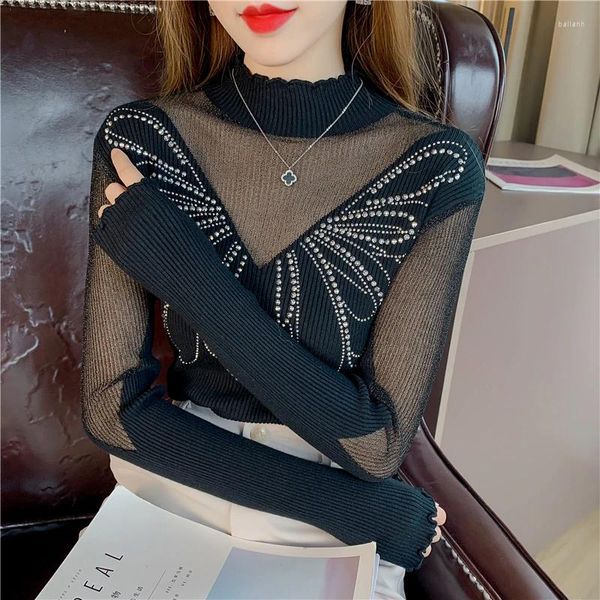 Maglioni da donna Ladies Mesh Stitching Nail Bead Pullover Maglione Abbigliamento donna Ragazze Autunno Casual Maglieria Donna Donna OL BPy2650