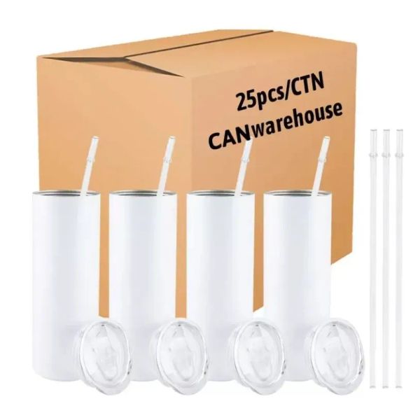 Estoque dos EUA 25pcs/Carton sublimação em branco Tumbler reto de 20 oz de água com tampa e canecas de carro de palha 2 dias entrega