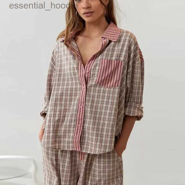 Lounge de sono feminino Novo outono feminino botão até gola camisa jaqueta + inferior amarrar calças definir primavera xadrez listrado impresso longo trenó pijama s L231129