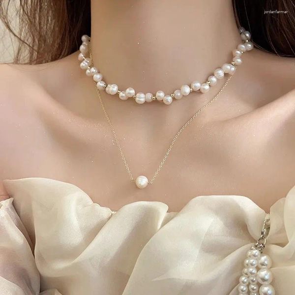 Catene di perle d'acqua dolce barocche in oro 14 carati con girocollo femminile per gioielli da donna, collana corta, stile 2024