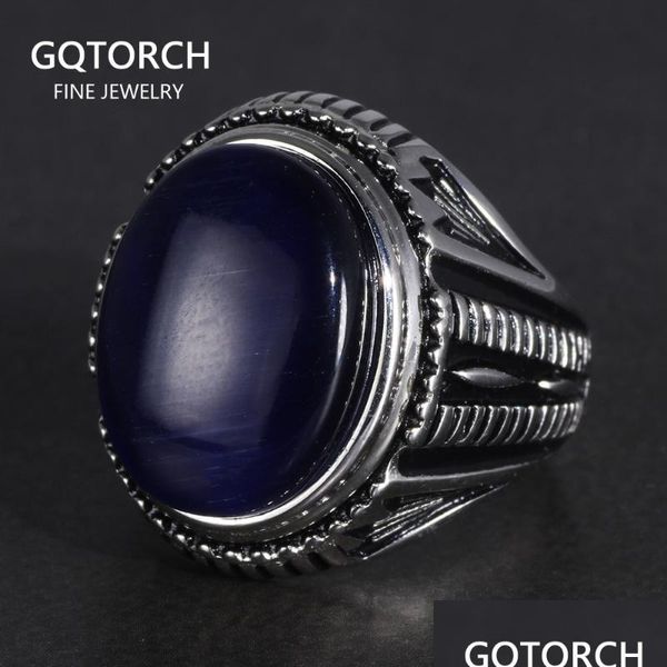 Clusterringe D 925 Silber Natürliche blaue Tigeraugen Coole antike große türkische für Männer mit Stein feiner Schmuck Drop Lieferung Ring Dhzbg