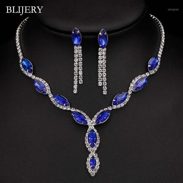 BLIJERY Conjuntos de joias de casamento banhado a prata azul real cristal para mulheres folha borla colar longo brincos joias de noiva sets1248d