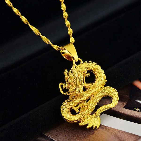 Chokers Echte 24 Karat Gelbgold vergoldete Drachen-Anhänger-Halskette für Männer, Bruder, Vater, Schmuck, modische Thai-Kette, verblasst nicht 231129