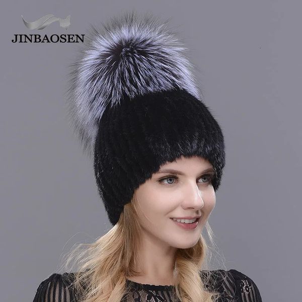 Beanie / Skull Caps Jinbaosen Real Mink Fur Chapéu para Mulheres de Inverno Importado Malha Mink Cap com Pele de Raposa de Alta Qualidade Mulheres Beanies 231128