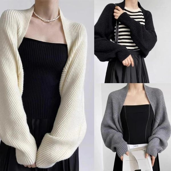 Maglieria da donna Autunno Aperto Coprispalle sul davanti Bolero a maniche lunghe Solido leggero lavorato a maglia Cardigan corto Maglioni Scialle corto Top N7YF