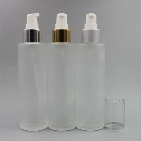 120 ml leere Frostglas-Spray-Flasche mit feinem Nebel, 4 Unzen, nachfüllbarer runder Glas-Creme-Pumpspender, Gold-Silber-Kragen mit Aluminium-Sprühgerät