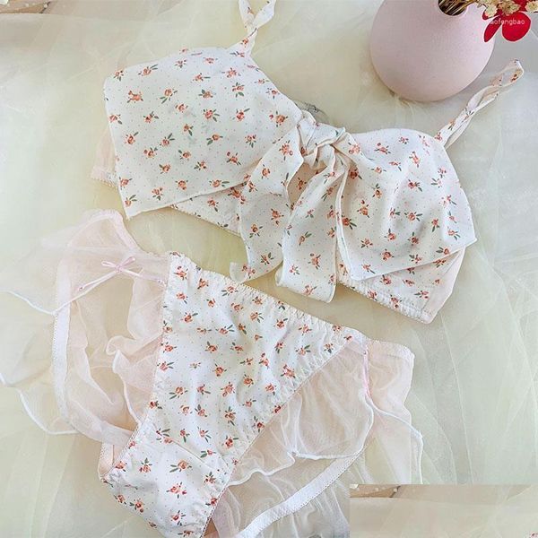 BHs Sets Japanische süße Kawaii Dessous BH Tanga Set Unterwäsche Slips für Frauen Mädchen Schulmädchen Lolita Spitze transparent und Panty Dro Dhofm