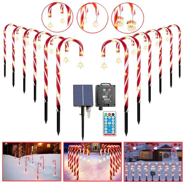 Decorações de jardim Solar Christmas Candy Cane Lights 8 modos LED Candy Crutch Stake Lamp com Star Snow Santa Pingente Decoração de férias para jardim gramado 231124