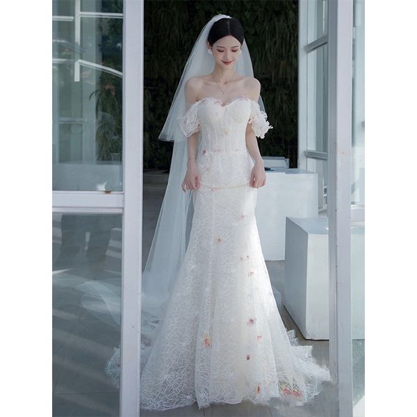 Nuovi abiti da sposa sirena Illusione dal treno spalla spalla senza schienale alleni di pizzo da sposa in pizzo vestidos de nolia plus size bling boho wed abiti 403