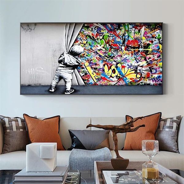 Hinter dem Vorhang Leinwandgemälde Graffiti Street Art Banksy Graffiti Art Cuadros Wandkunst Bilder für Wohnzimmer Home Decor C208n