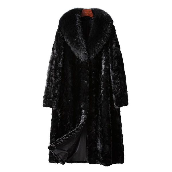 Cappotto lungo da donna in pelliccia di visone, giacca invernale nera, soprabito, morbido e caldo, con collo in pelliccia di lusso