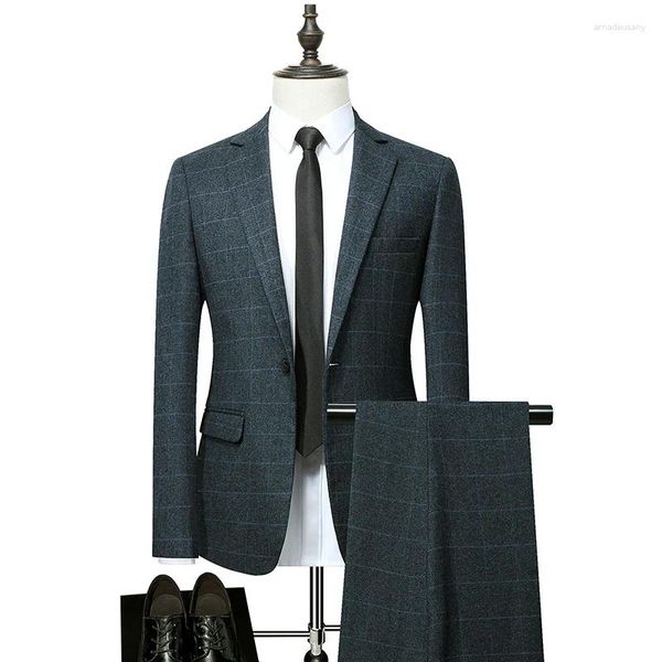 Abiti da uomo (giacca pantaloni) Abbigliamento di marca Abiti da lavoro maschili di alta qualità / Uomo Slim Fit Plaid Abito da sposa Abito da sposa in due pezzi Blazer per il tempo libero