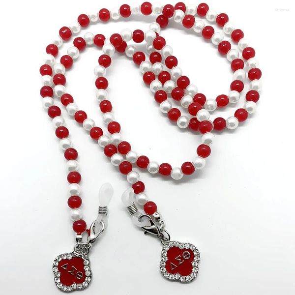 Anhänger Halsketten Roter griechischer Buchstabe Sorority DELTA DST Emaille Künstliche Perlenmaskenkette Brillenhalskette