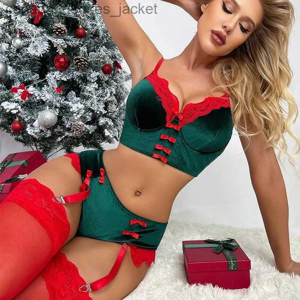 Sexy set sexy verleiding erotische lingerie set nieuwe mithril fluwelen kerstpak driedelige pyjama bretels kousen porno komt L231129