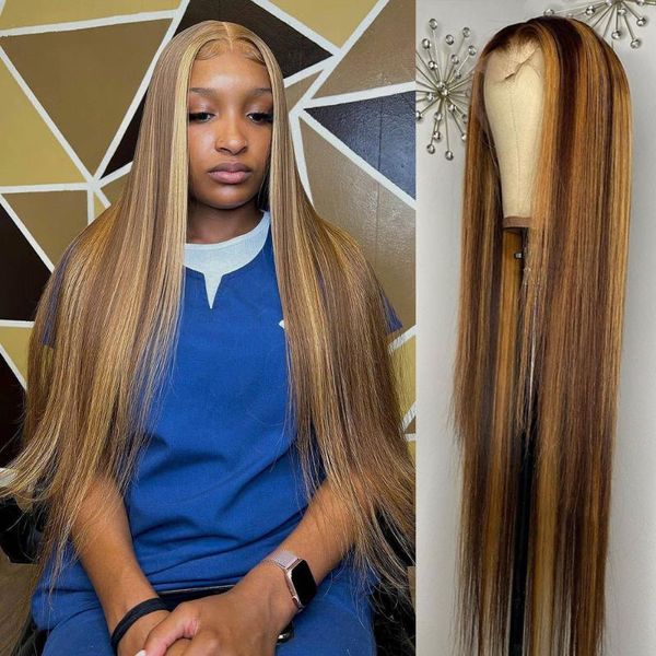 Dantelli peruk inç Kemik Düz Vurgu Peruk İnsan Saçları Kadınlar için Brezilya 13x1 T Parça Ombre Bal Sarı Sarışın Ön Peruk