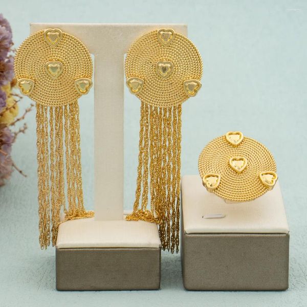 Halskette Ohrringe Set Arabisch Dubai Hoop Ring mit Box Frauen Gold Farbe Schmuck Bohemian Quaste Dame Elegante Kupfer Hochzeitsgeschenk