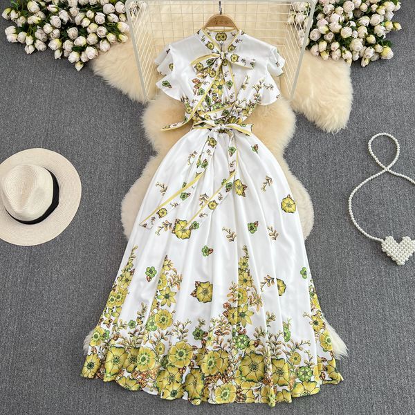 Vestidos casuais 2023 estilo francês verão laço colarinho na altura do joelho vestido feminino manga voadora impressão floral lace up cinto vintage a-line vestidos