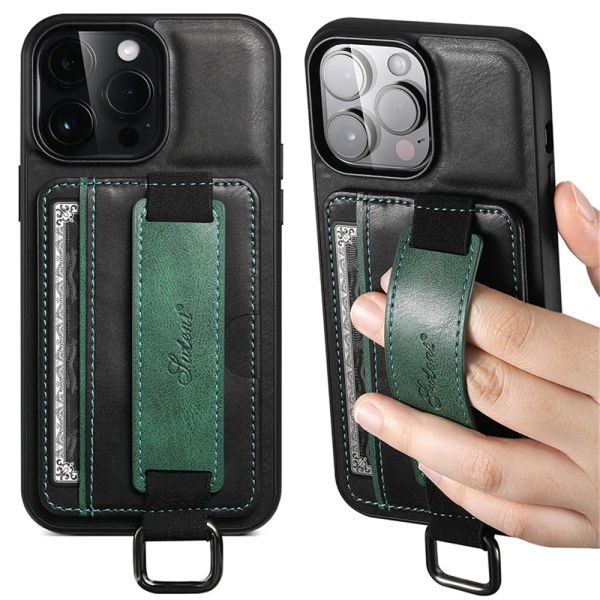 Luxuriöse schlanke Premium-Leder-Handyhülle für iPhone 15 14 13 11 12 Pro XS Max XR X Handgelenkschlaufe Portemonnaie Kartenhalter Slots Kickstand Cover