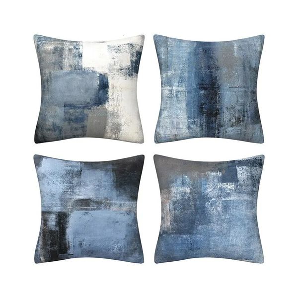 AlmofadaDecorativa Travesseiro 45X45CM Azul Cinza Abstrato Pintura A Óleo Padrão Design Capa Decoração para Casa Sofá de Escritório Almofadas MaciasCobres Modernas 231128